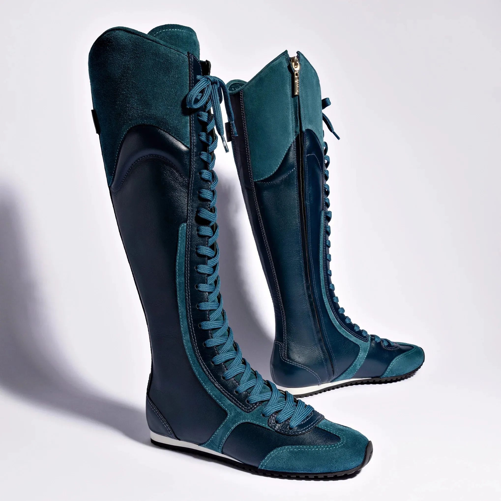 Larroude x Jonathan Cohen Flat Hi Sneaker Boot In Teal Suede