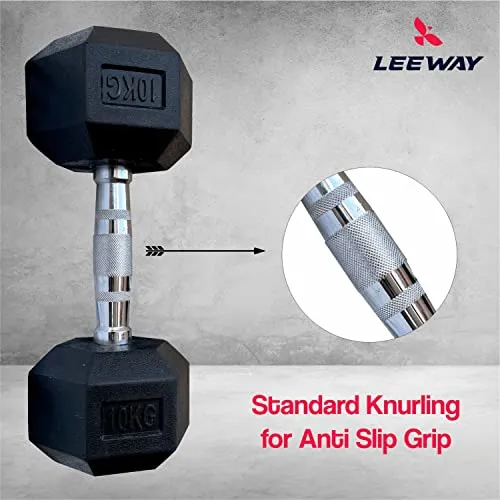 LEEWAY Hex Dumbbells Pack (10 kg*2)| Gym Dumbbells| Rubber Coating Free Weight Dumbbell Set| Rubber Encased Hex Fixed Dumbbell Weight| Professional Rubber Coated Hexa Dumbbells (10Kg Pair), Black