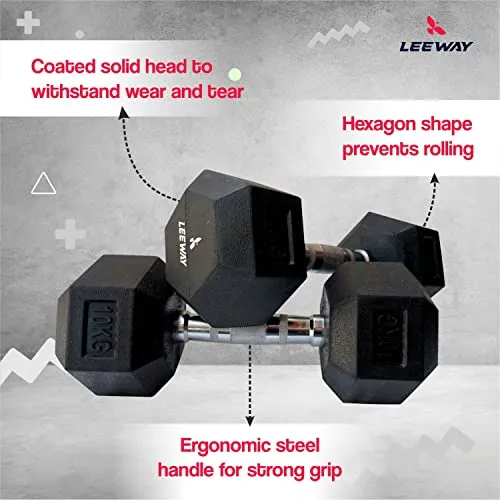 LEEWAY Hex Dumbbells Pack (10 kg*2)| Gym Dumbbells| Rubber Coating Free Weight Dumbbell Set| Rubber Encased Hex Fixed Dumbbell Weight| Professional Rubber Coated Hexa Dumbbells (10Kg Pair), Black