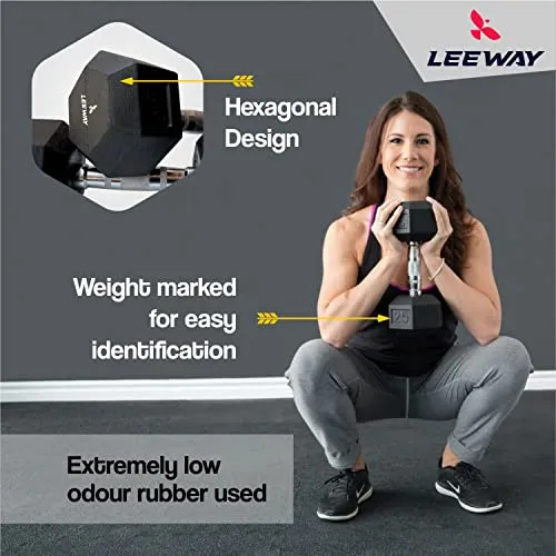 LEEWAY Hex Dumbbells Pack (10 kg*2)| Gym Dumbbells| Rubber Coating Free Weight Dumbbell Set| Rubber Encased Hex Fixed Dumbbell Weight| Professional Rubber Coated Hexa Dumbbells (10Kg Pair), Black
