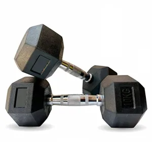 LEEWAY Hex Dumbbells Pack (10 kg*2)| Gym Dumbbells| Rubber Coating Free Weight Dumbbell Set| Rubber Encased Hex Fixed Dumbbell Weight| Professional Rubber Coated Hexa Dumbbells (10Kg Pair), Black