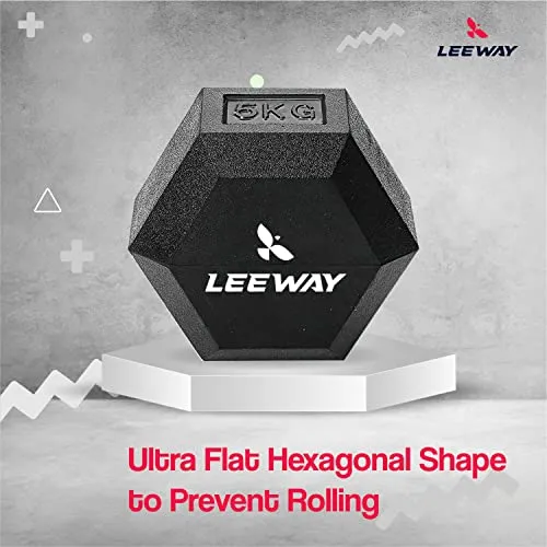 LEEWAY Hex Dumbbells Pack (10 kg*2)| Gym Dumbbells| Rubber Coating Free Weight Dumbbell Set| Rubber Encased Hex Fixed Dumbbell Weight| Professional Rubber Coated Hexa Dumbbells (10Kg Pair), Black