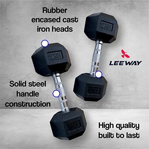 LEEWAY Hex Dumbbells Pack (10 kg*2)| Gym Dumbbells| Rubber Coating Free Weight Dumbbell Set| Rubber Encased Hex Fixed Dumbbell Weight| Professional Rubber Coated Hexa Dumbbells (10Kg Pair), Black