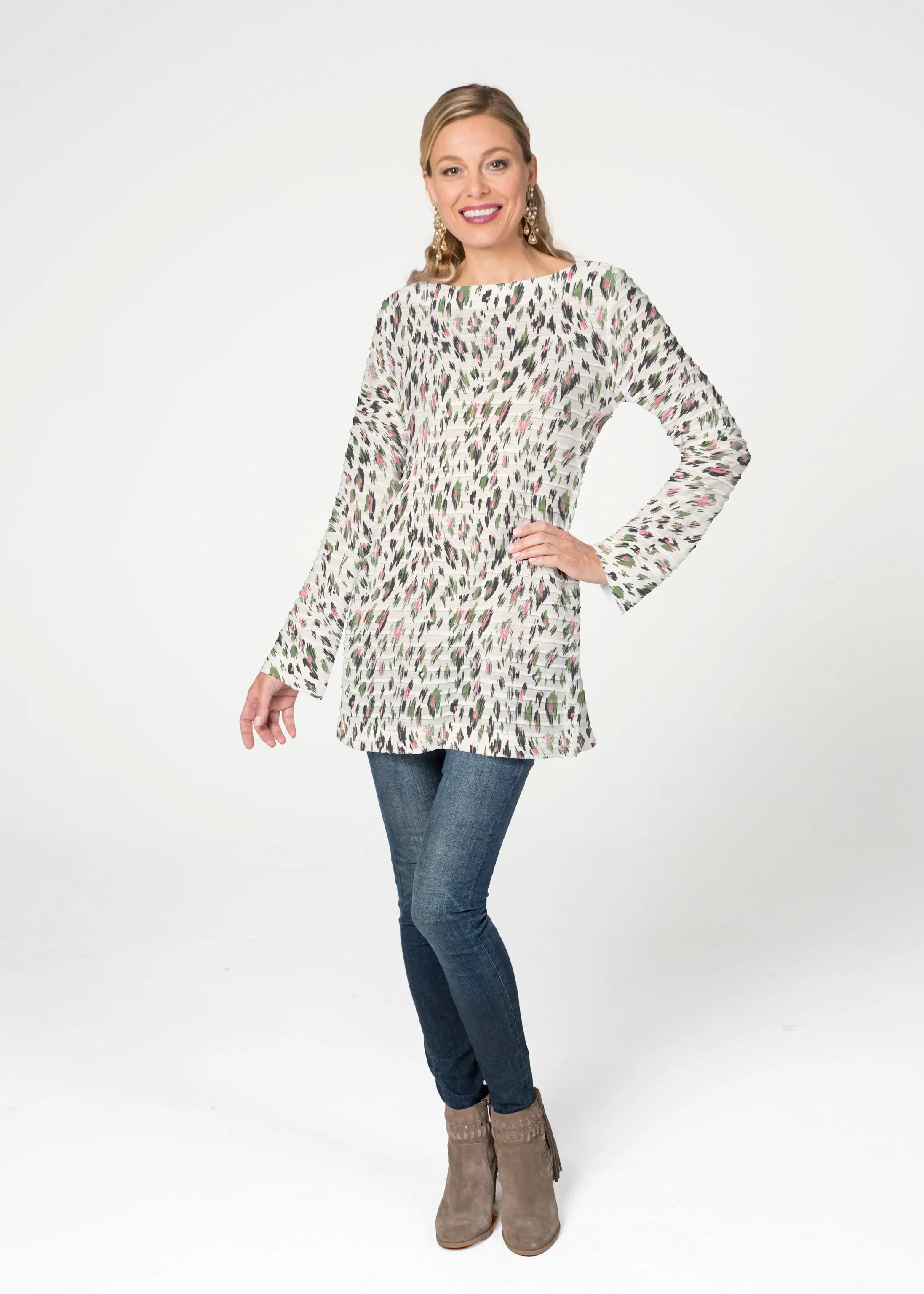 Leopard Bouquet (8019) ~ Banded Boatneck Tunic
