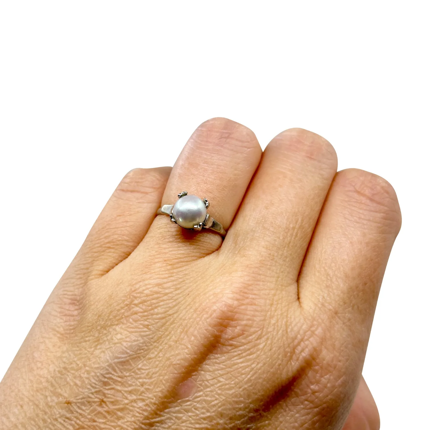 Light Gray Retro Japanese Saltwater Akoya Cultured Pearl Solitaire Ring- Sterling Silver Sz 6