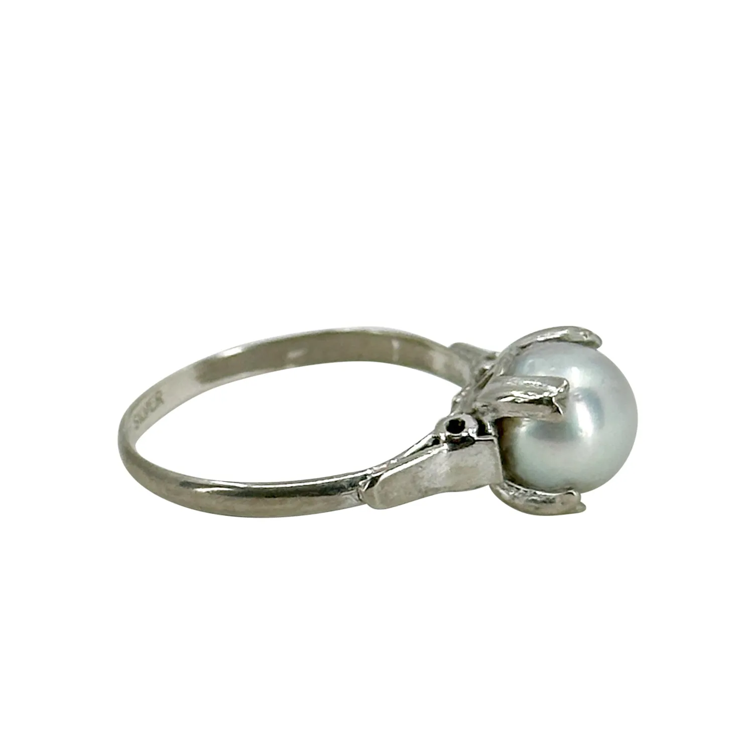 Light Gray Retro Japanese Saltwater Akoya Cultured Pearl Solitaire Ring- Sterling Silver Sz 6