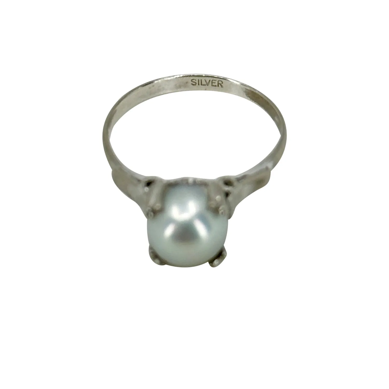 Light Gray Retro Japanese Saltwater Akoya Cultured Pearl Solitaire Ring- Sterling Silver Sz 6
