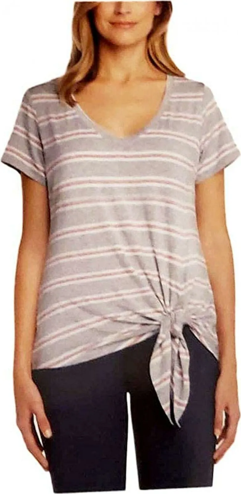 Matty M Women's Relaxed Fit V-Neck Tie Front T-Shirt