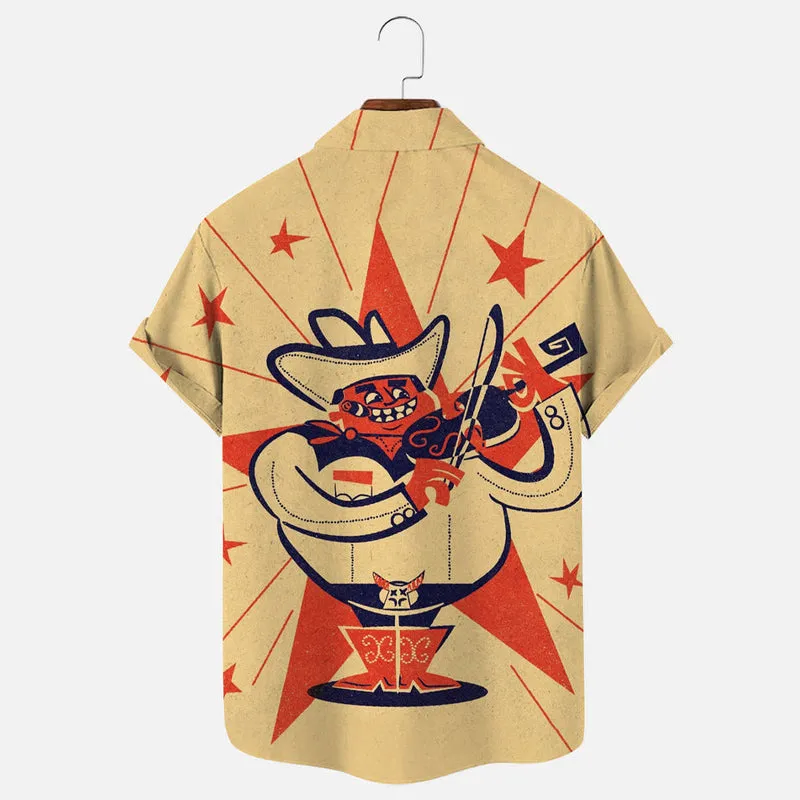 Men's Retro Western Swing Denim Music Print Short Sleeve Shirt