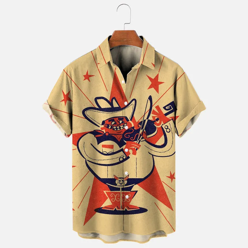Men's Retro Western Swing Denim Music Print Short Sleeve Shirt