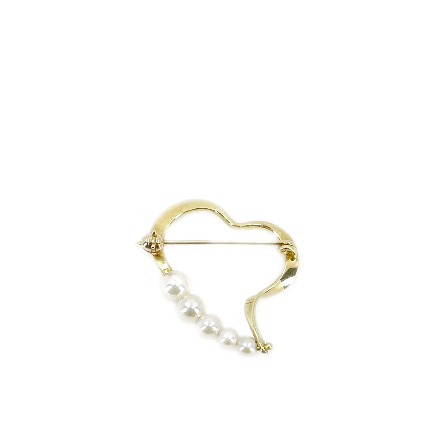 Mid Century Heart Graduated Cultured Akoya Pearl Pin Brooch- 14K Yellow Gold