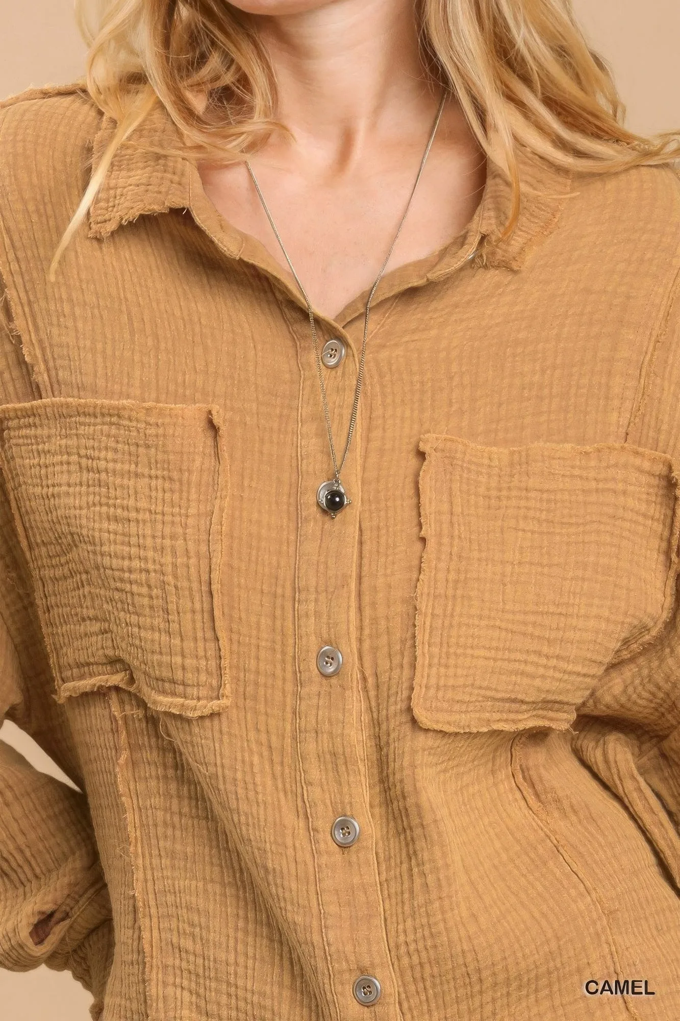 Mineral wash button down top with high low hem