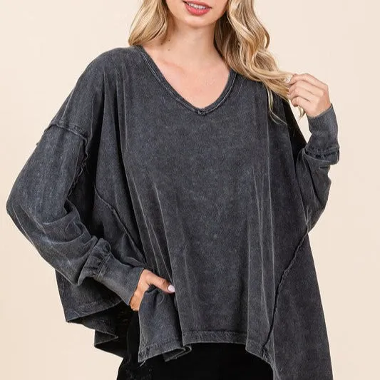 Mineral Wash V-Neck Long Sleeve Oversized Top