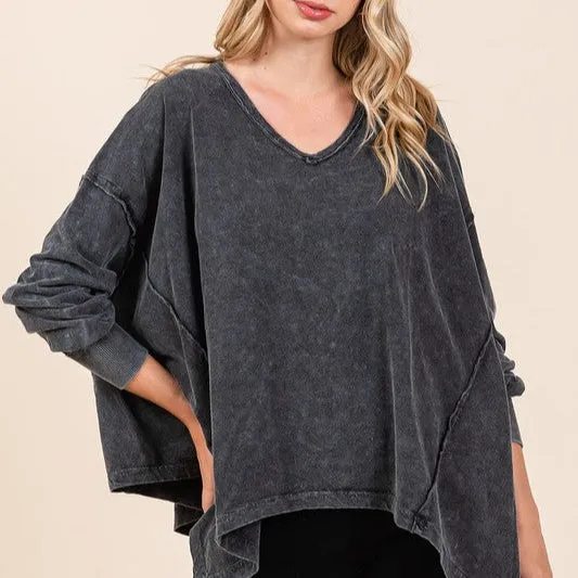 Mineral Wash V-Neck Long Sleeve Oversized Top