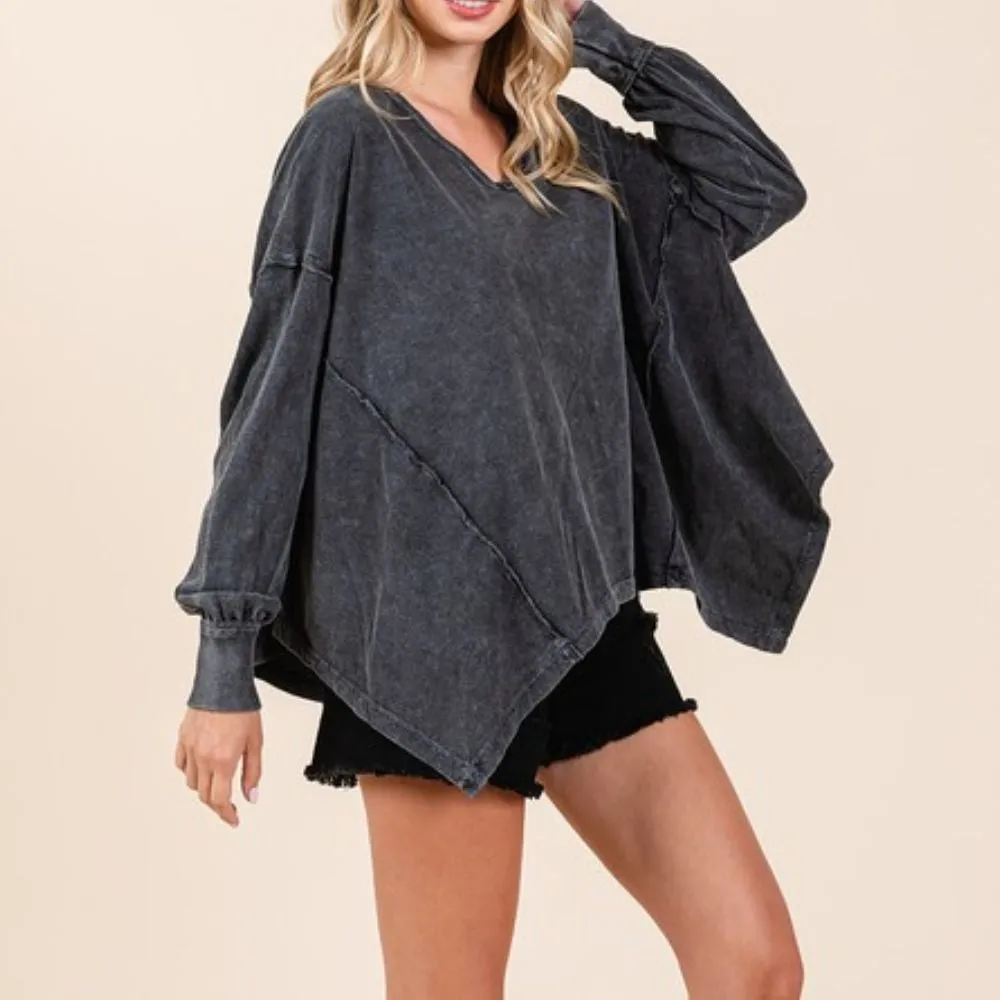 Mineral Wash V-Neck Long Sleeve Oversized Top