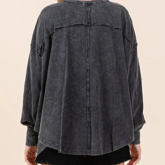 Mineral Wash V-Neck Long Sleeve Oversized Top