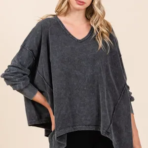 Mineral Wash V-Neck Long Sleeve Oversized Top
