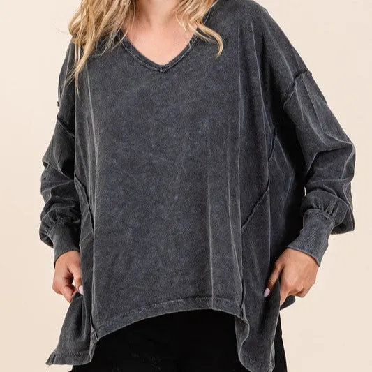 Mineral Wash V-Neck Long Sleeve Oversized Top