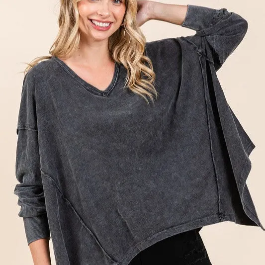 Mineral Wash V-Neck Long Sleeve Oversized Top