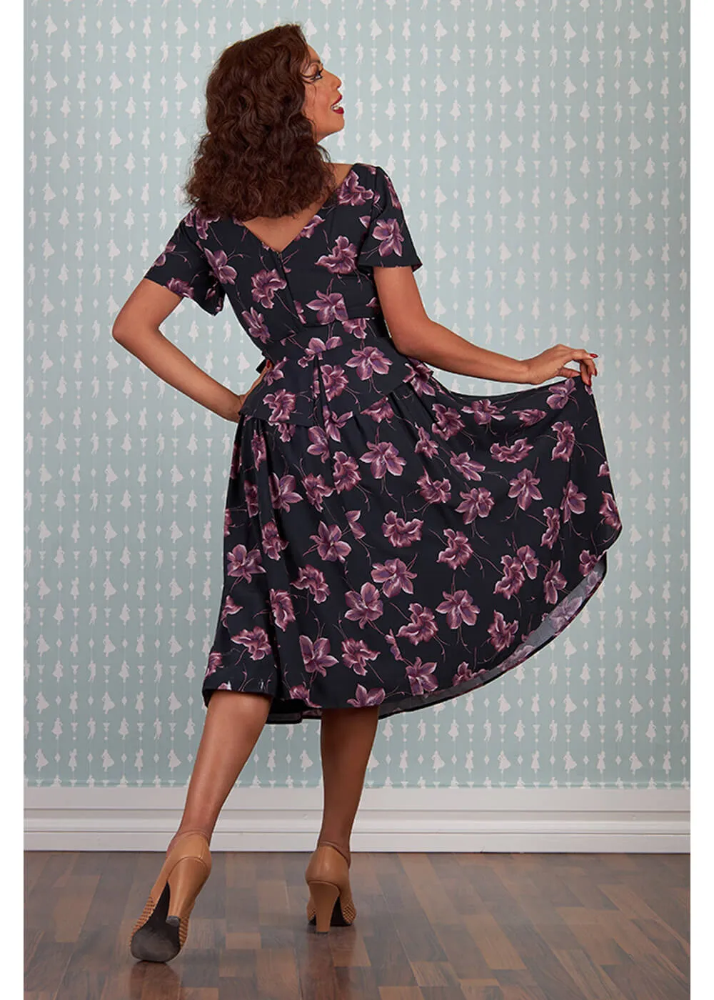 Miss Candyfloss Diana Lou Floral 40's Swing Jurk Zwart Paars