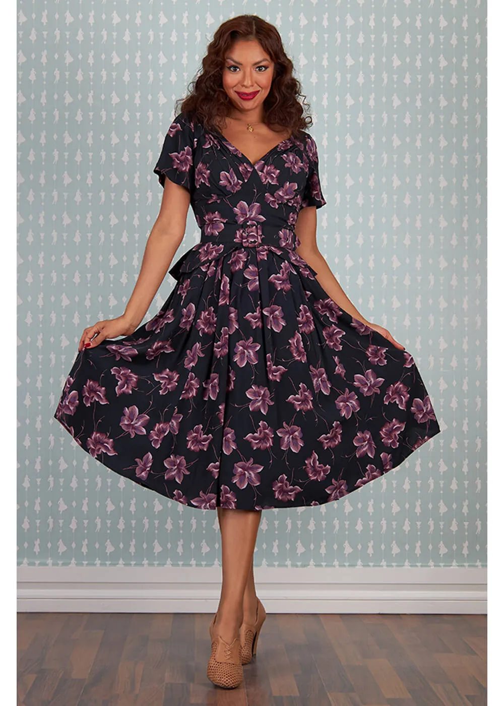 Miss Candyfloss Diana Lou Floral 40's Swing Jurk Zwart Paars