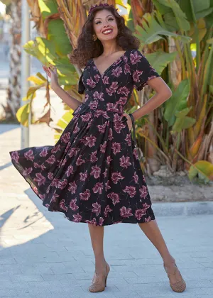 Miss Candyfloss Diana Lou Floral 40's Swing Jurk Zwart Paars