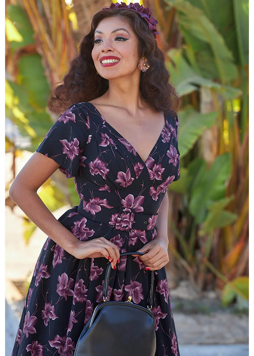 Miss Candyfloss Diana Lou Floral 40's Swing Jurk Zwart Paars