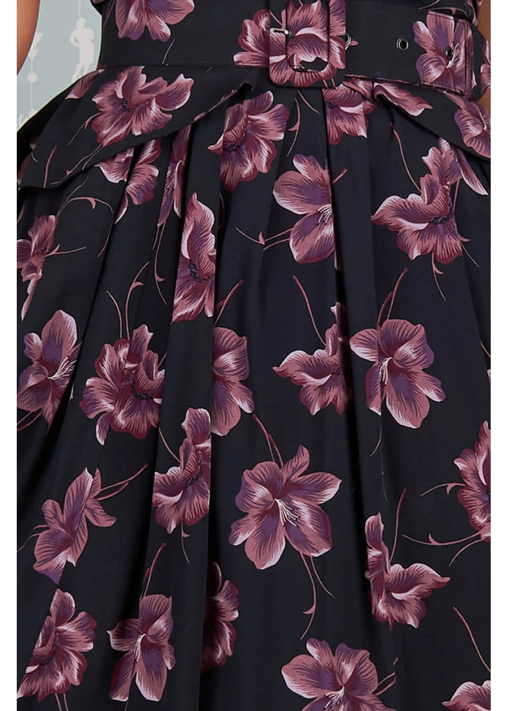 Miss Candyfloss Diana Lou Floral 40's Swing Jurk Zwart Paars