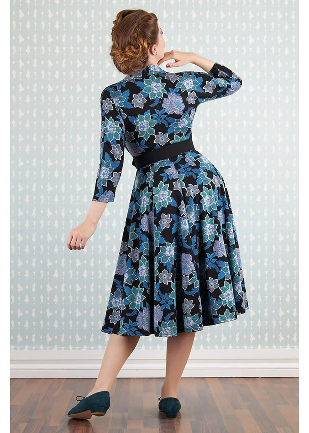Miss Candyfloss Hasia Lee Floral 40's Swing Jurk Navy
