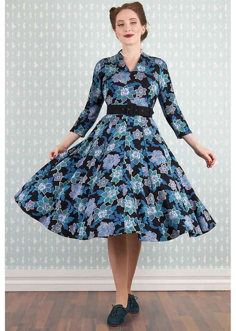 Miss Candyfloss Hasia Lee Floral 40's Swing Jurk Navy