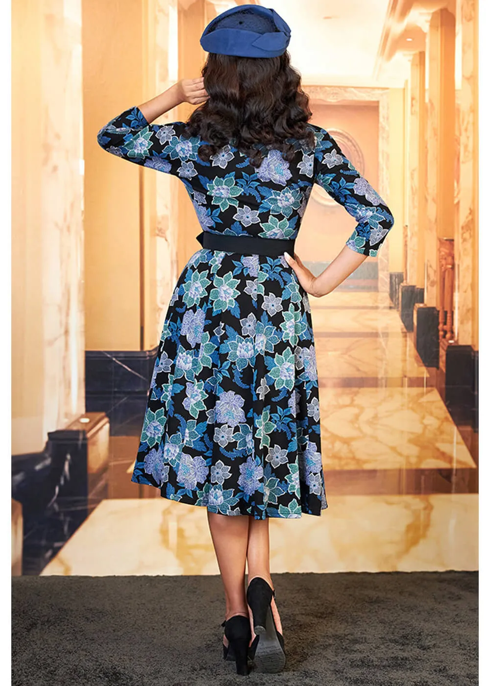 Miss Candyfloss Hasia Lee Floral 40's Swing Jurk Navy