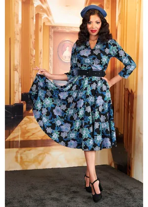 Miss Candyfloss Hasia Lee Floral 40's Swing Jurk Navy