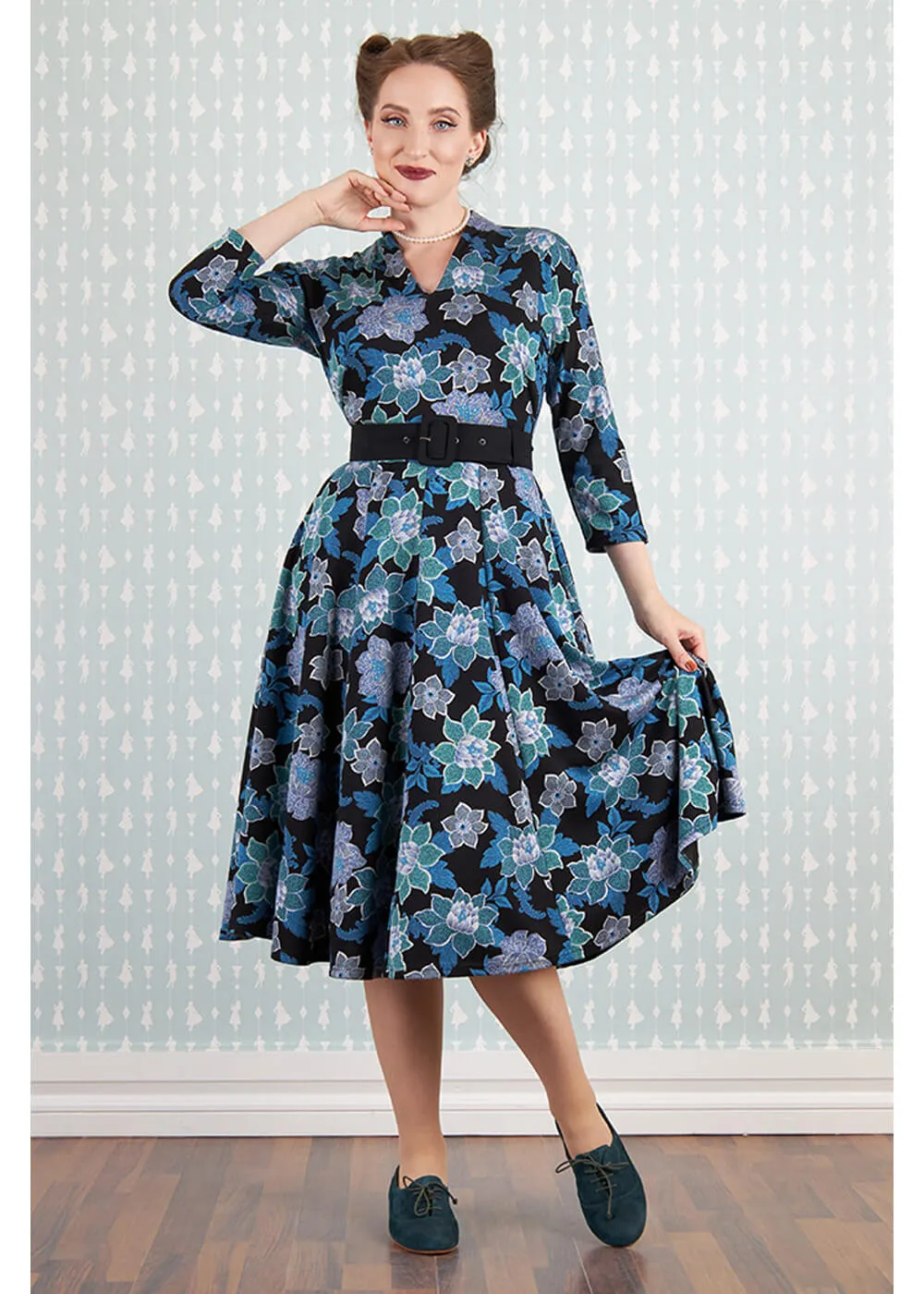 Miss Candyfloss Hasia Lee Floral 40's Swing Jurk Navy