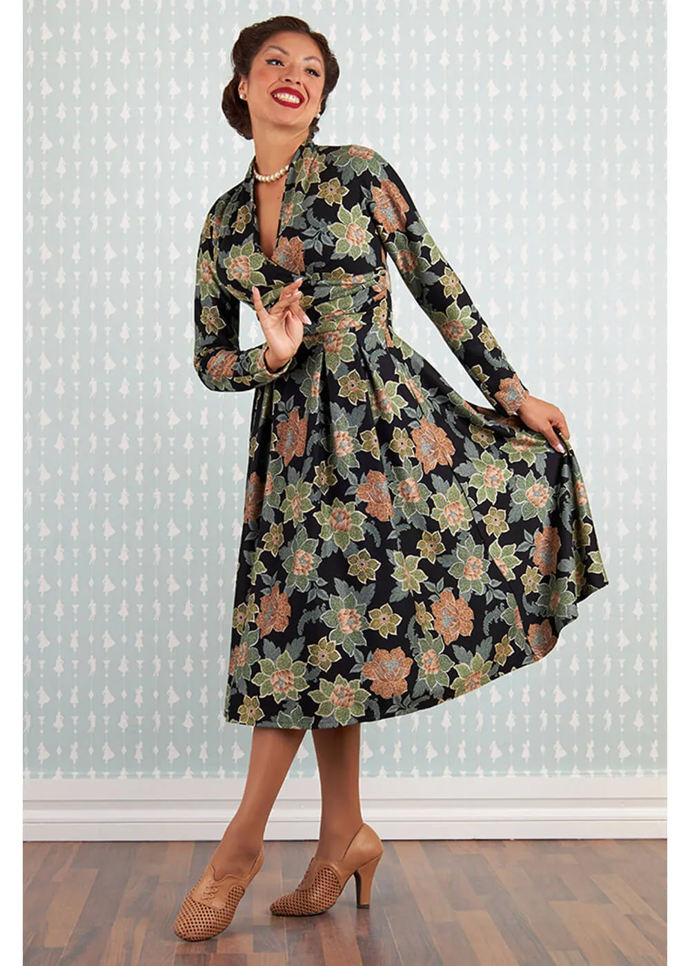 Miss Candyfloss Hermiona Asparagus Floral 40's Swing Dress Olive