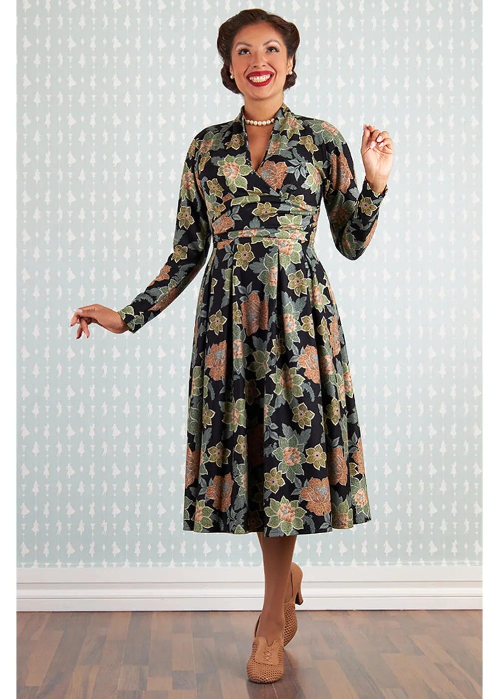 Miss Candyfloss Hermiona Asparagus Floral 40's Swing Dress Olive