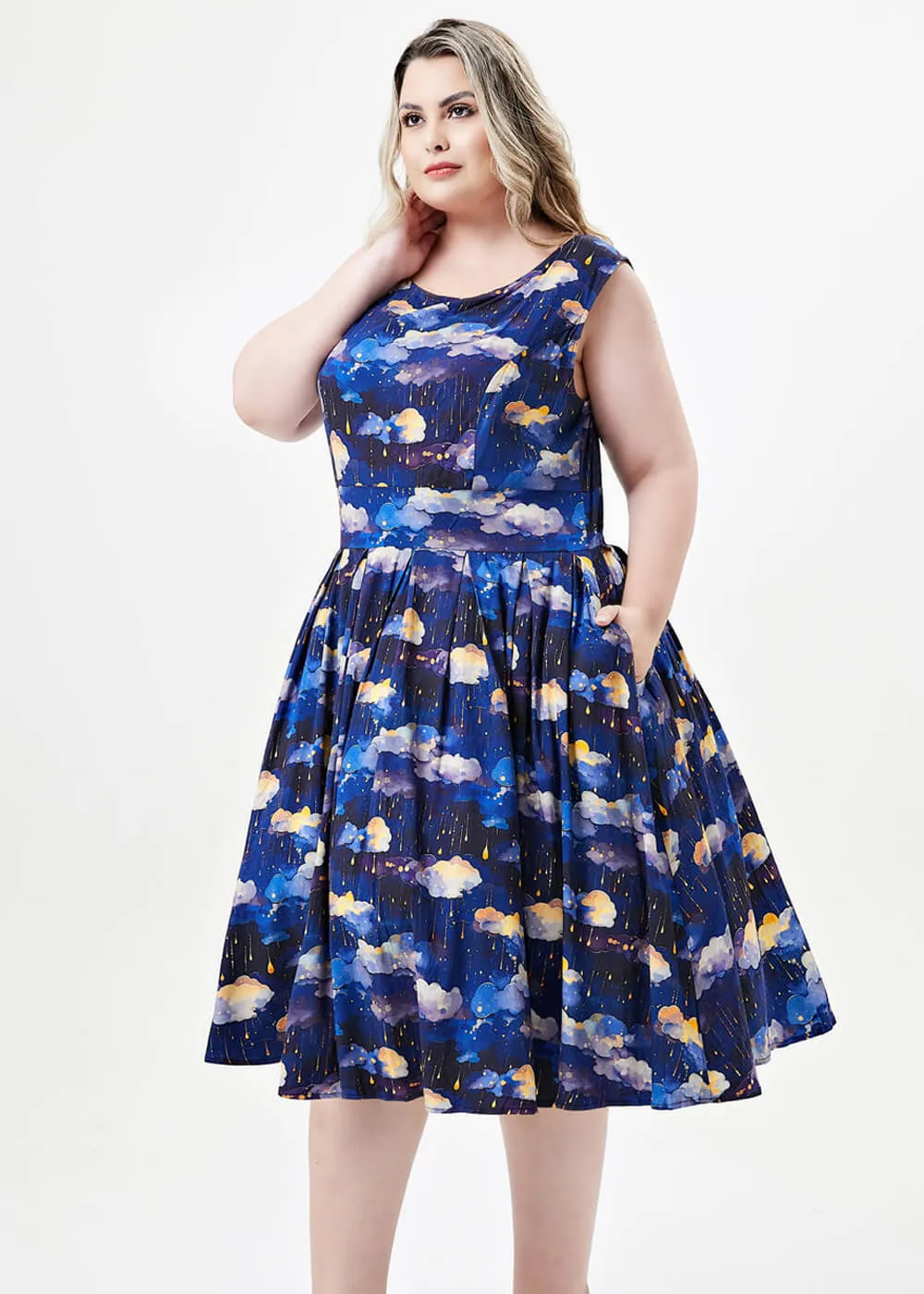 Miss Lulo Lily Raining Clouds 50's Swing Dress Navy