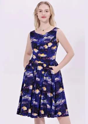 Miss Lulo Lily Raining Clouds 50's Swing Dress Navy