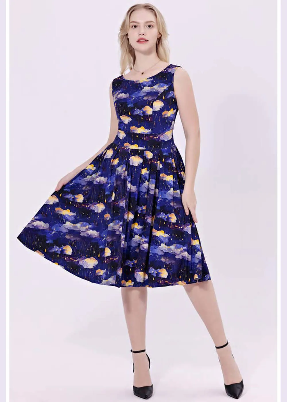 Miss Lulo Lily Raining Clouds 50's Swing Dress Navy