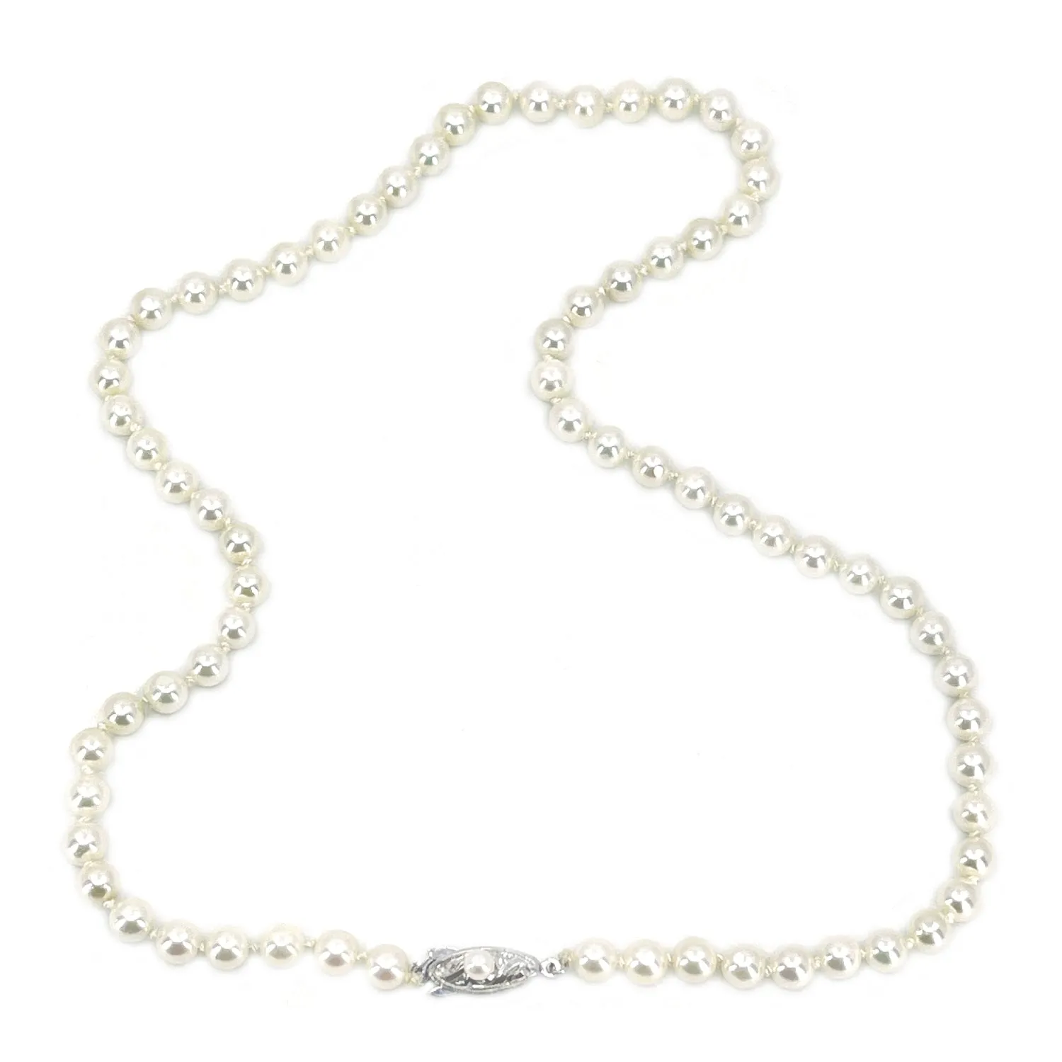 Modernist Vintage Engraved Japanese Saltwater Cultured Akoya Pearl Necklace - Sterling Silver 18.50 Inch