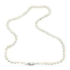 Modernist Vintage Engraved Japanese Saltwater Cultured Akoya Pearl Necklace - Sterling Silver 18.50 Inch