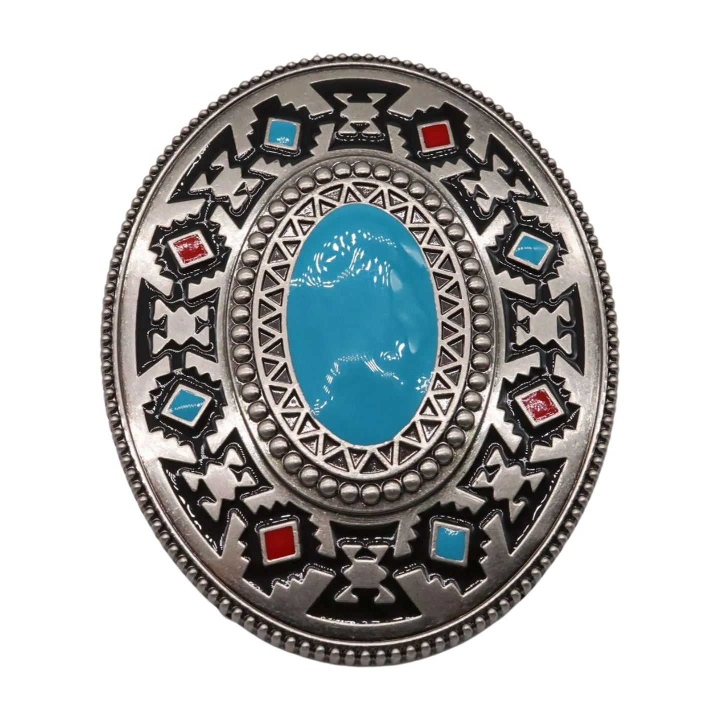 Native Ethnic Style Oval Shaped Silver & Turquoise Belt Buckle