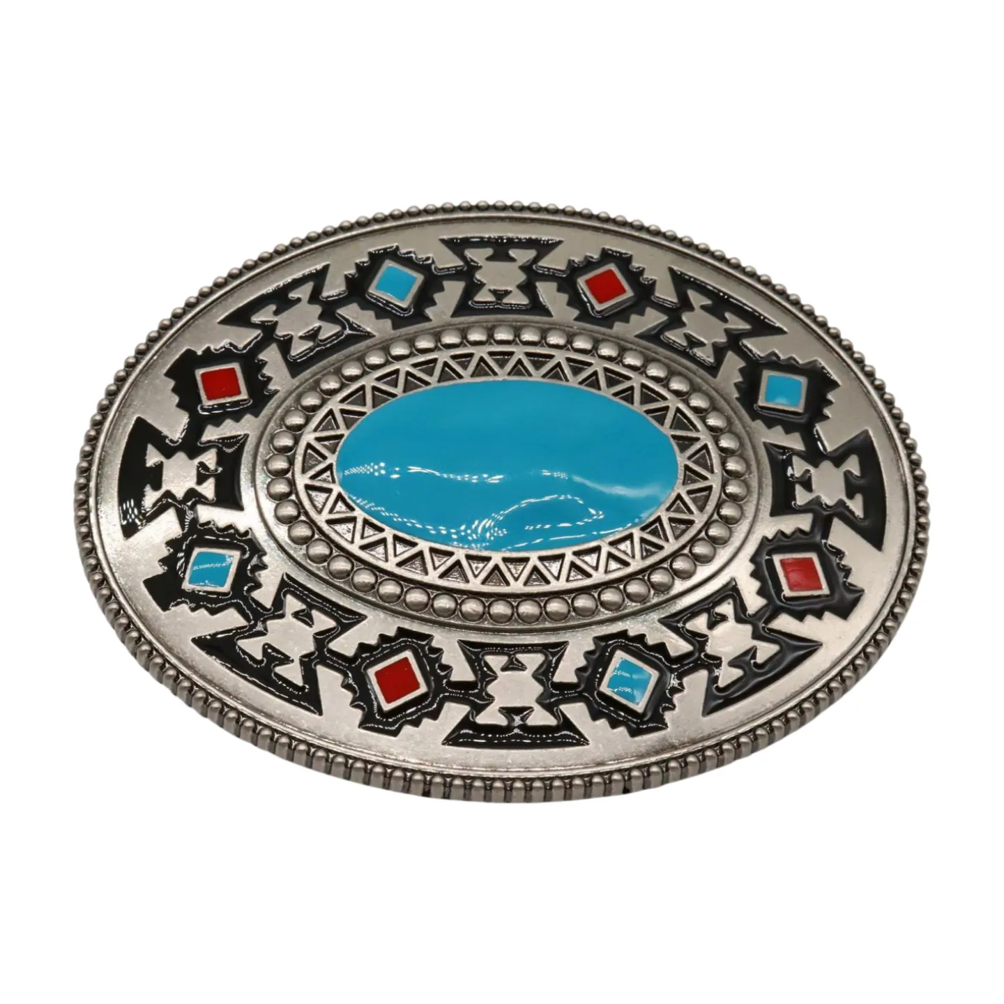Native Ethnic Style Oval Shaped Silver & Turquoise Belt Buckle