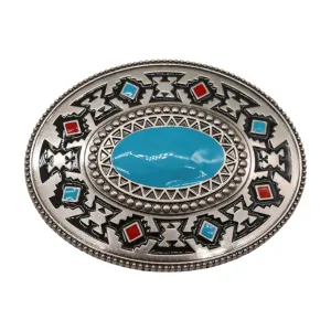 Native Ethnic Style Oval Shaped Silver & Turquoise Belt Buckle