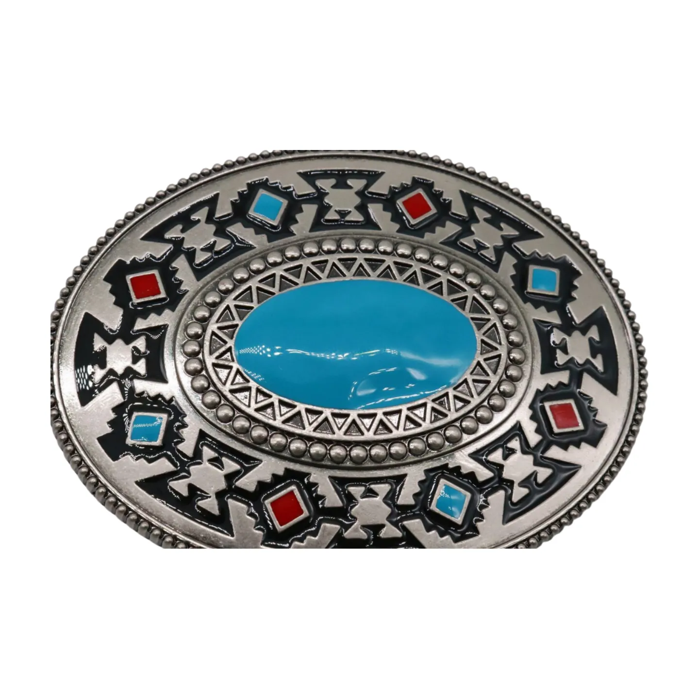 Native Ethnic Style Oval Shaped Silver & Turquoise Belt Buckle