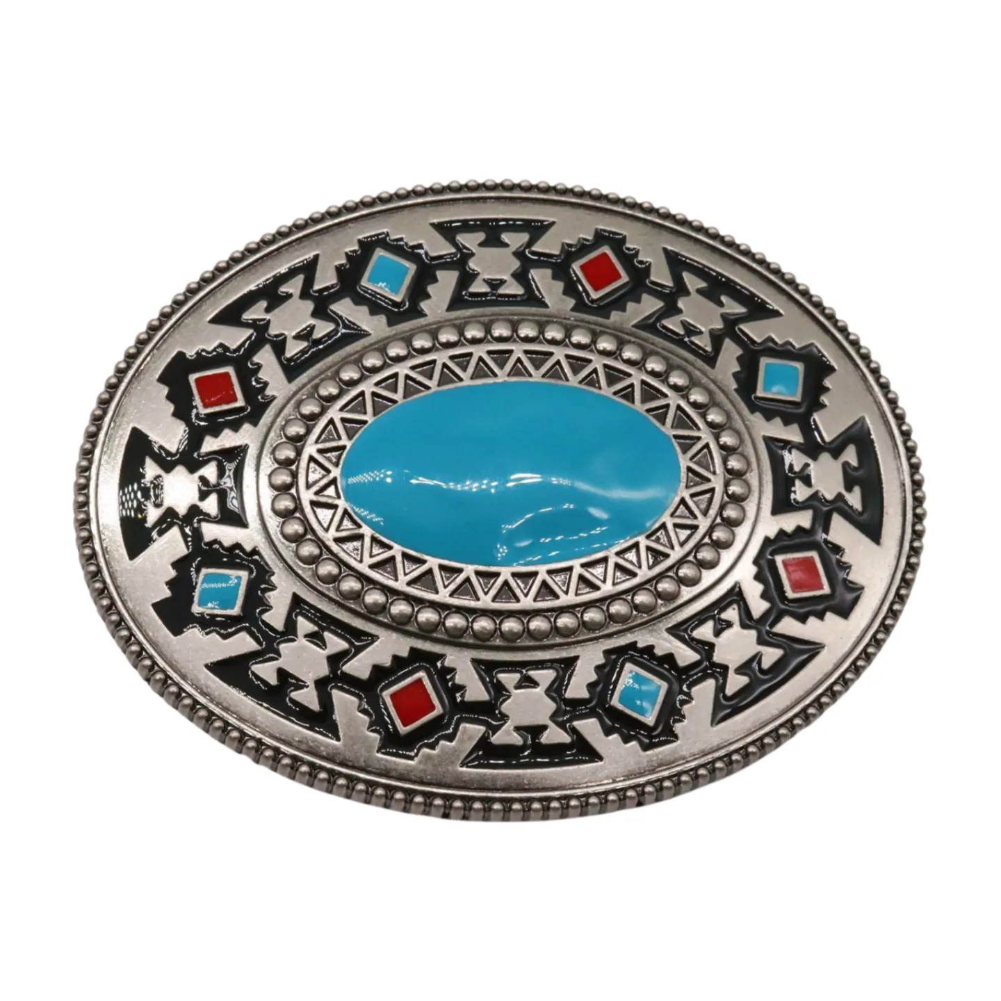 Native Ethnic Style Oval Shaped Silver & Turquoise Belt Buckle
