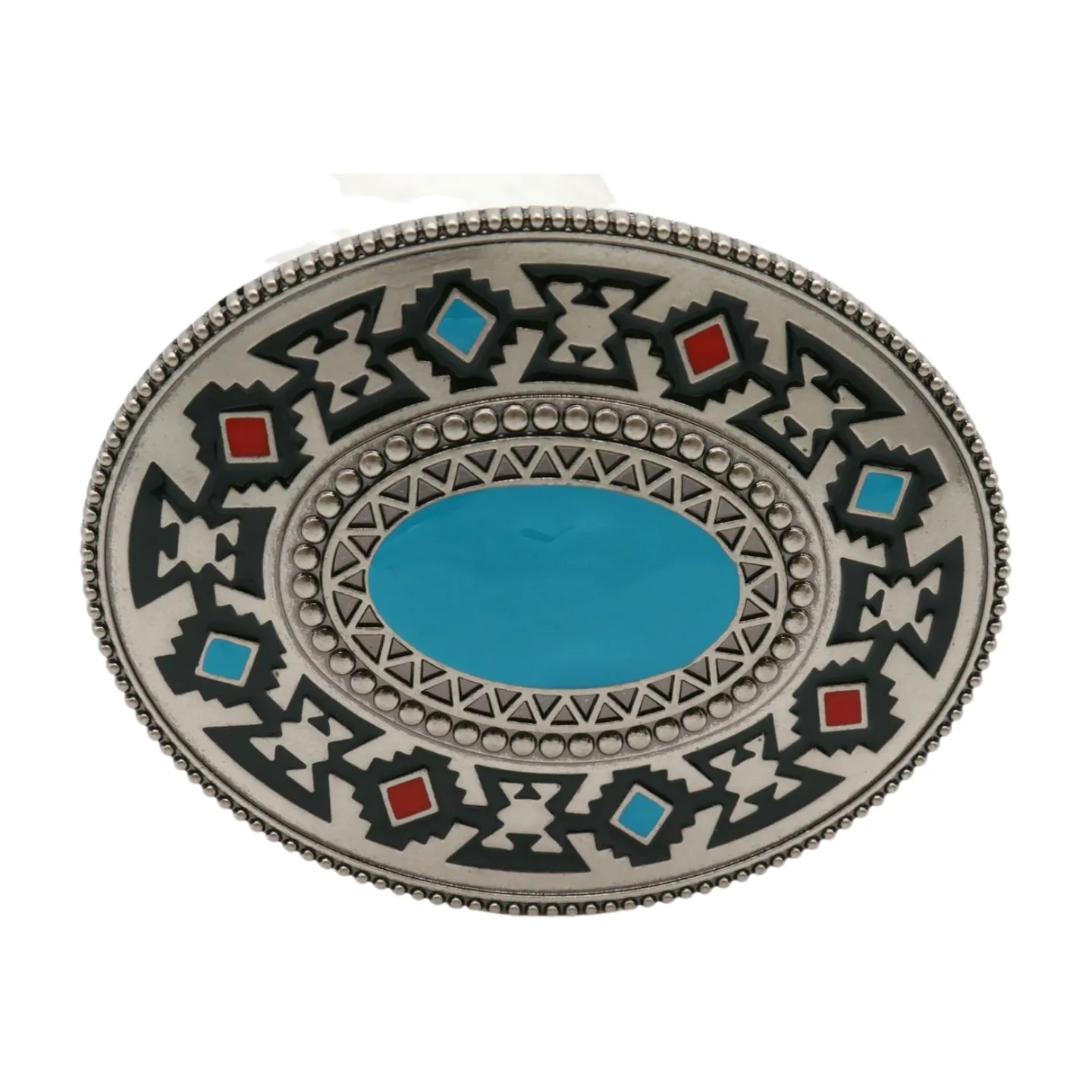Native Ethnic Style Oval Shaped Silver & Turquoise Belt Buckle