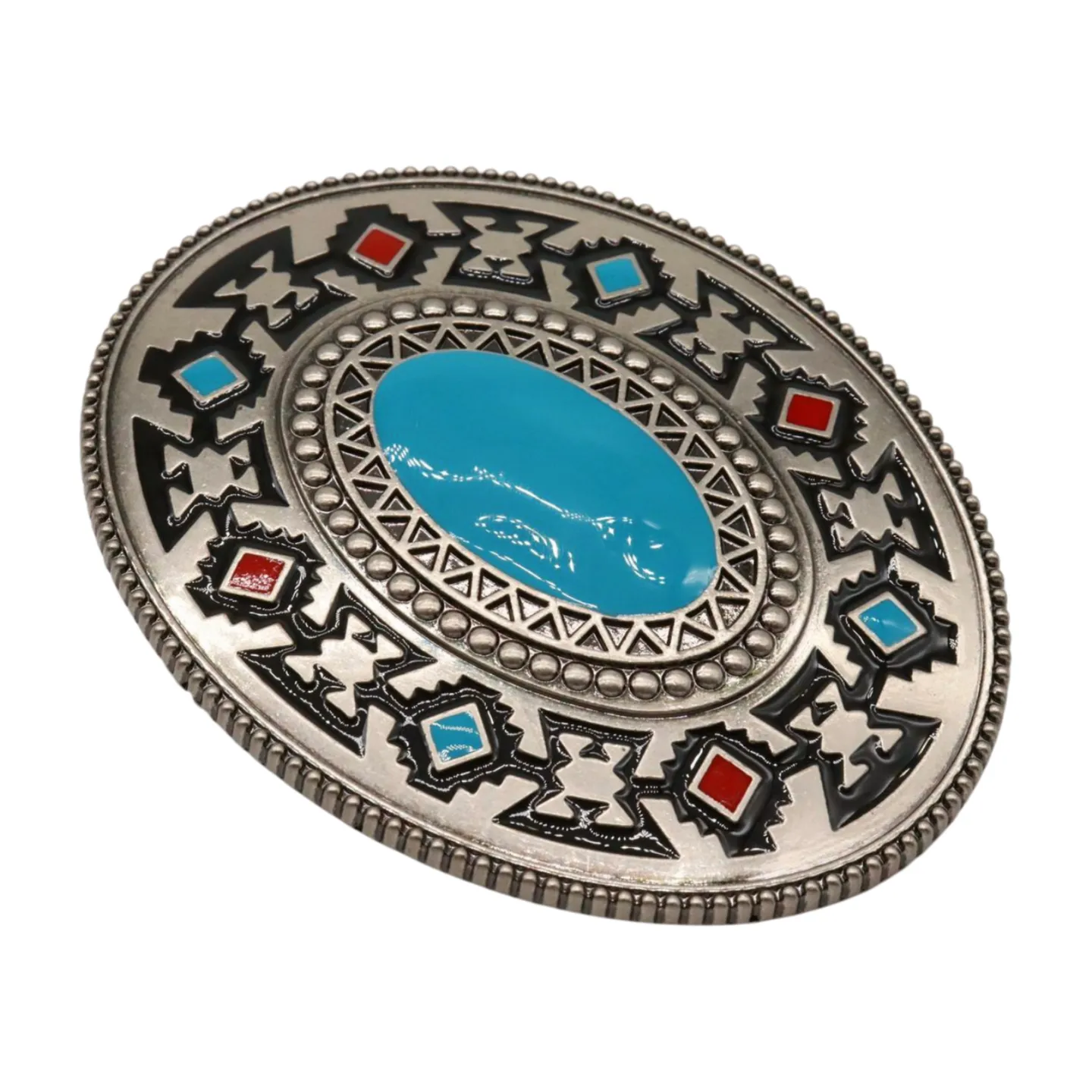 Native Ethnic Style Oval Shaped Silver & Turquoise Belt Buckle