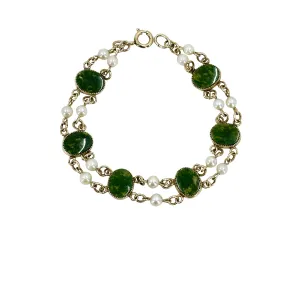 Nephrite Jade Double Strand Vintage Akoya Saltwater Cultured Pearl Double Strand Bracelet- Yellow Gold Filled