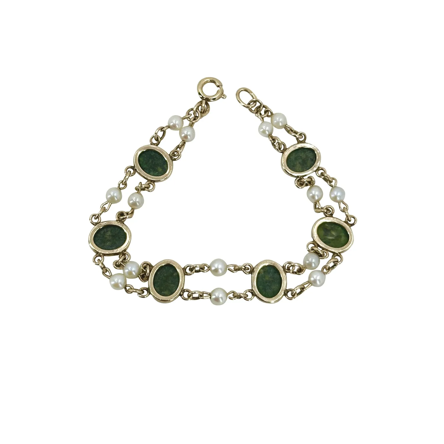 Nephrite Jade Double Strand Vintage Akoya Saltwater Cultured Pearl Double Strand Bracelet- Yellow Gold Filled