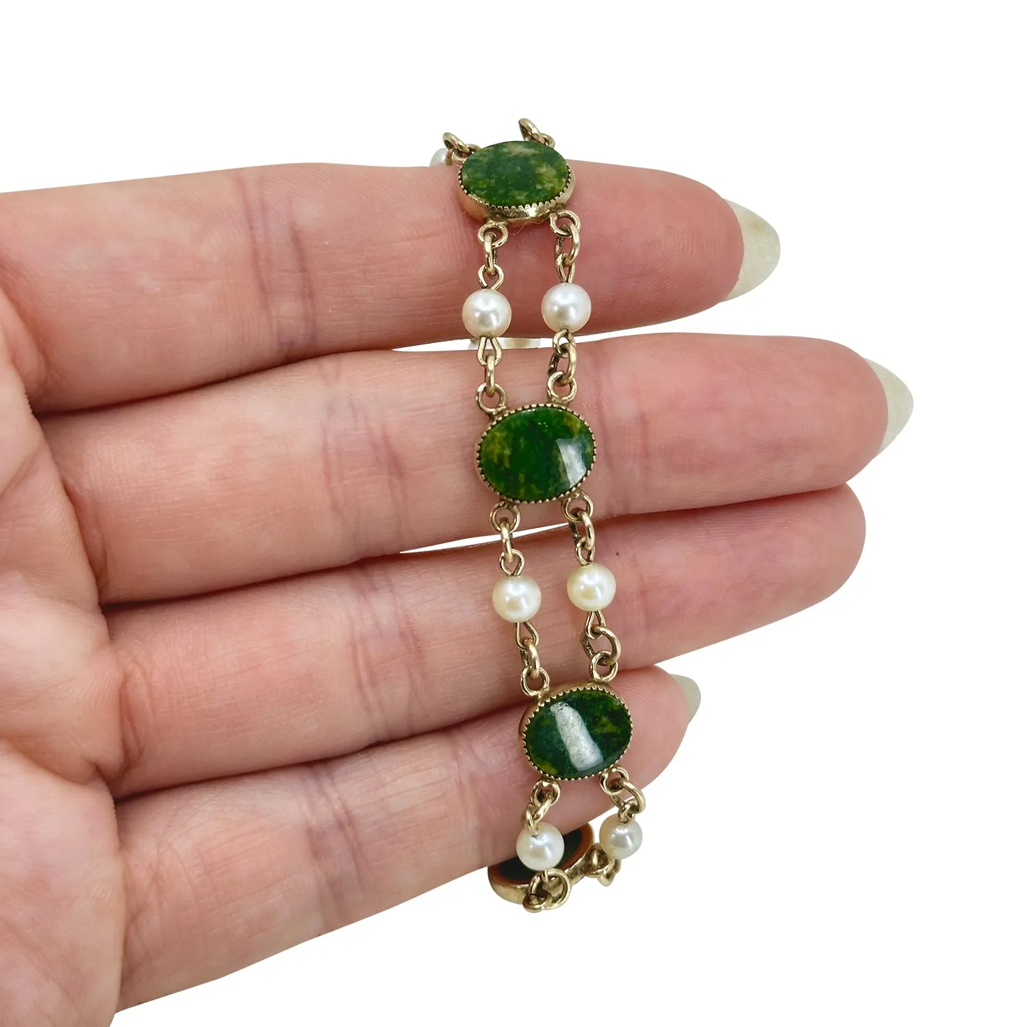 Nephrite Jade Double Strand Vintage Akoya Saltwater Cultured Pearl Double Strand Bracelet- Yellow Gold Filled